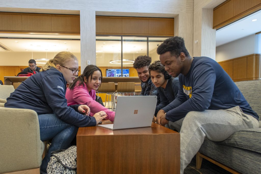 Students watching a streaming video at Uconn Hartford on Oct. 12, 2018. (Sean Flynn/UConn Photo)