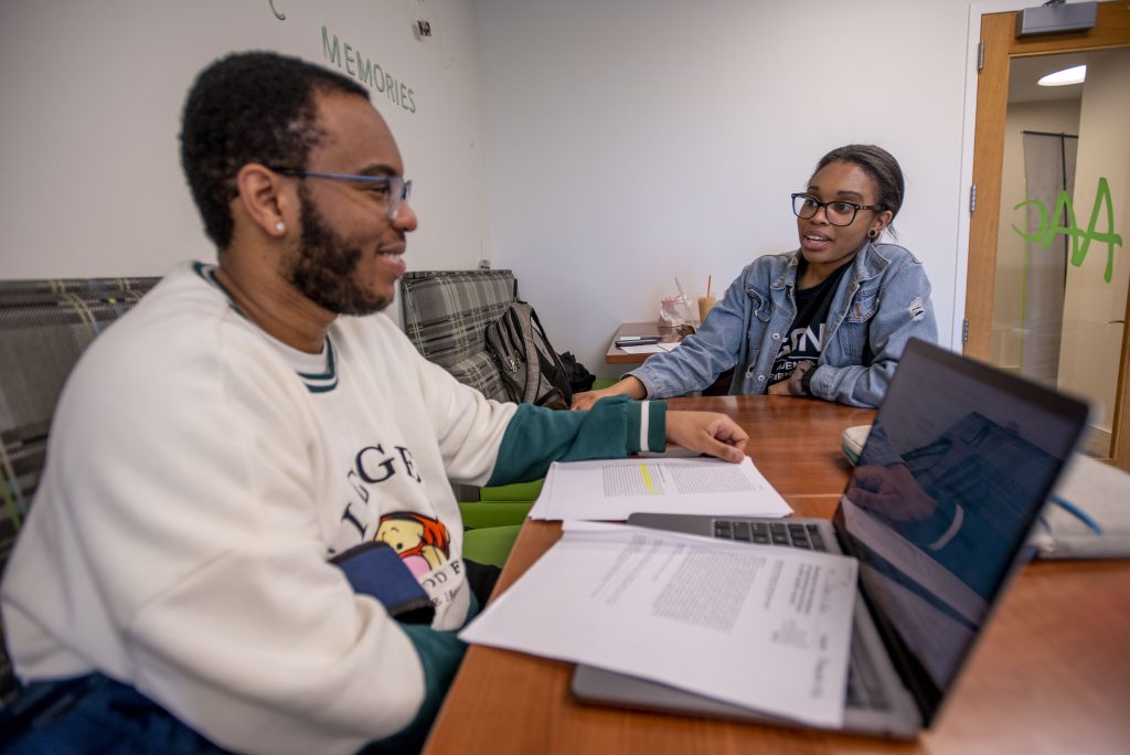 UConn Hartford students talking. April 13, 2022. (Sean Flynn)