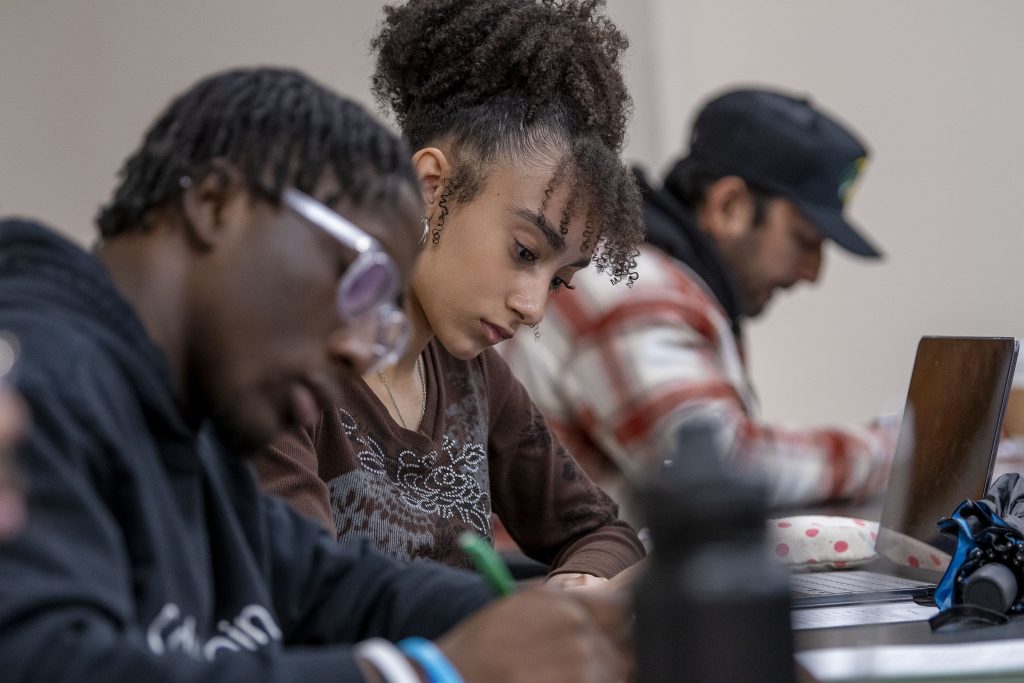 Students in a classroom at UConn Stamford on April 11, 2024. (Sean Flynn/UConn Photo)