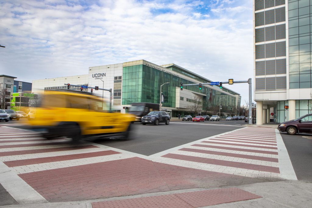 Traffic outside the UConn Stamford building. April 4, 2022. (Sean Flynn)