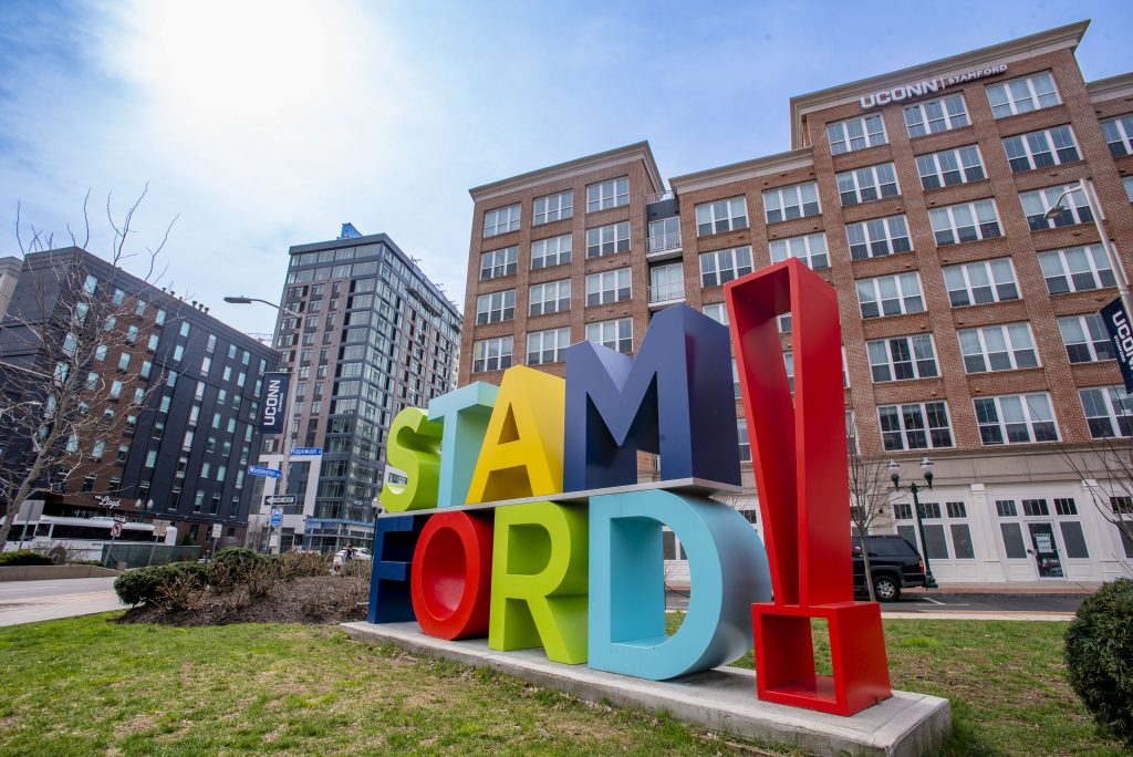 Stamford sign in front of the UConn Stamford campus apartment building.April 5, 2022. (Sean Flynn)