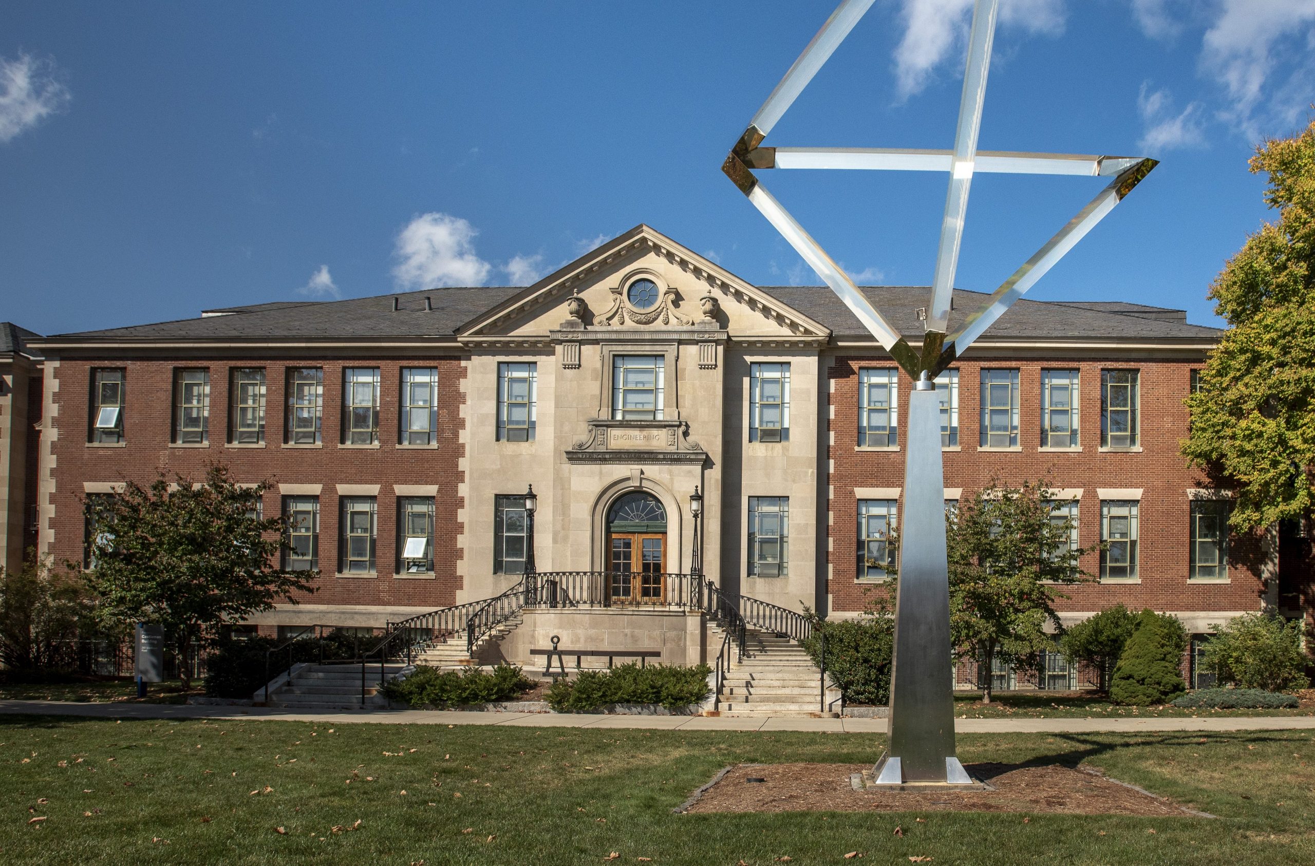 Prism sculpture in front of the Catleman Building of the School of Engineering