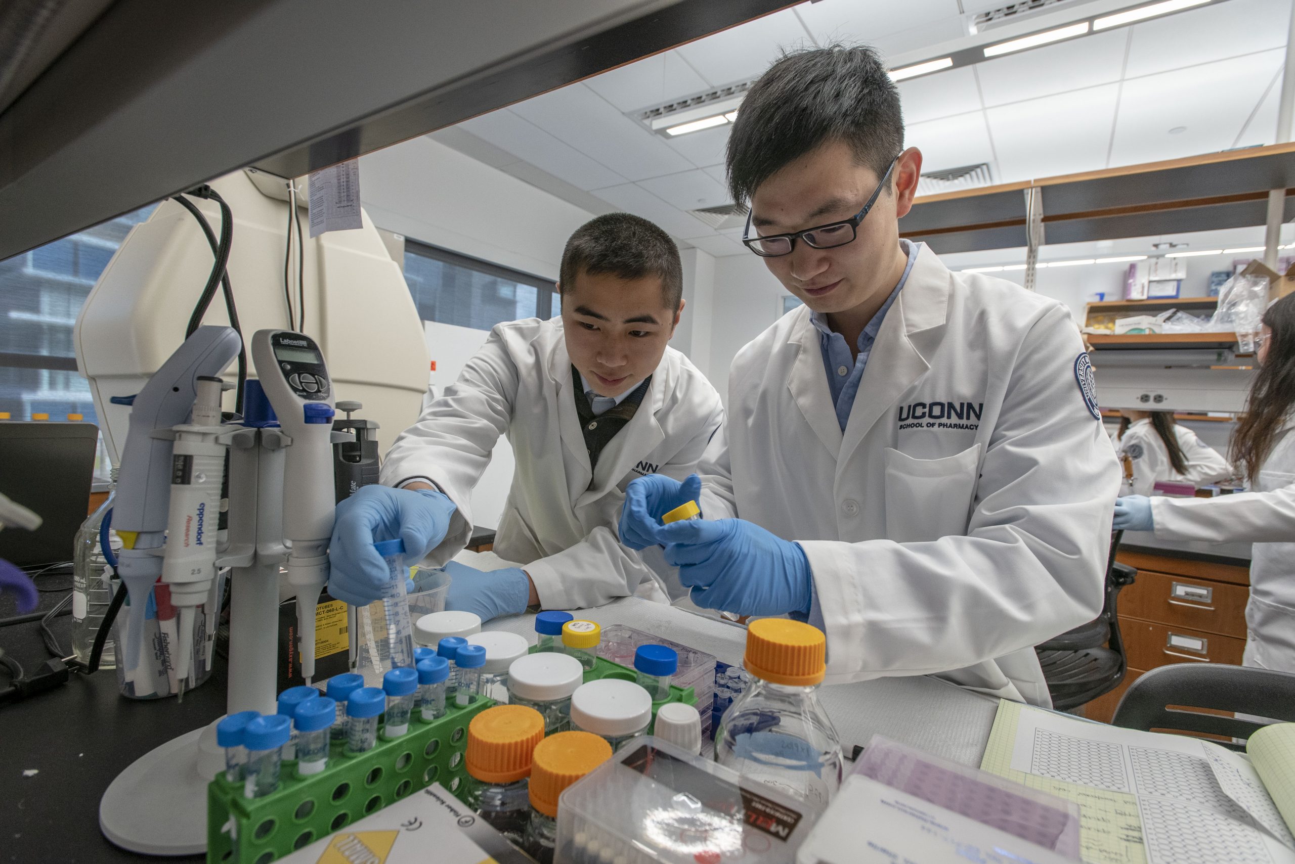 Students interacting with Professors (faculty) in a lab at the School of Pharmacy on Nov. 8, 2018. (Sean Flynn/UConn Photo)