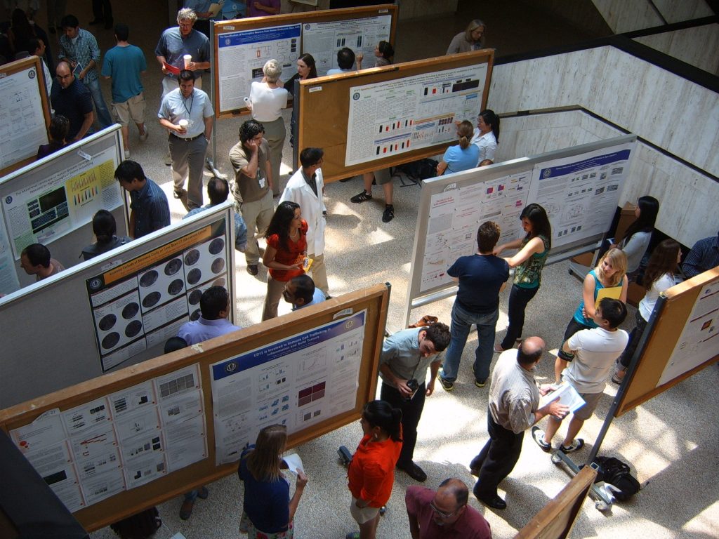 Poster presentations displayed in the academic lobby for Graduate Student Research Day