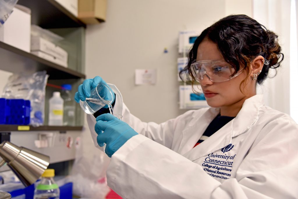 Ai Reynolds ‘26, an undergraduate student in the Bridging the Gap 2 summer research program in the Department of Nutritional Sciences, works in Yangchao Luo’s lab in the Advanced Technology Laboratory 