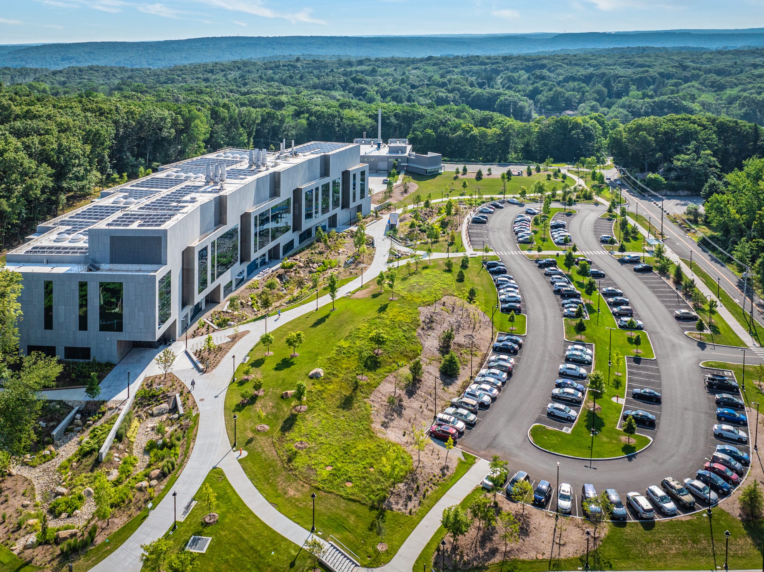Aerial view of the Science 1 building on the UConn Storrs campus, showing the building within the surrounding campus landscape.