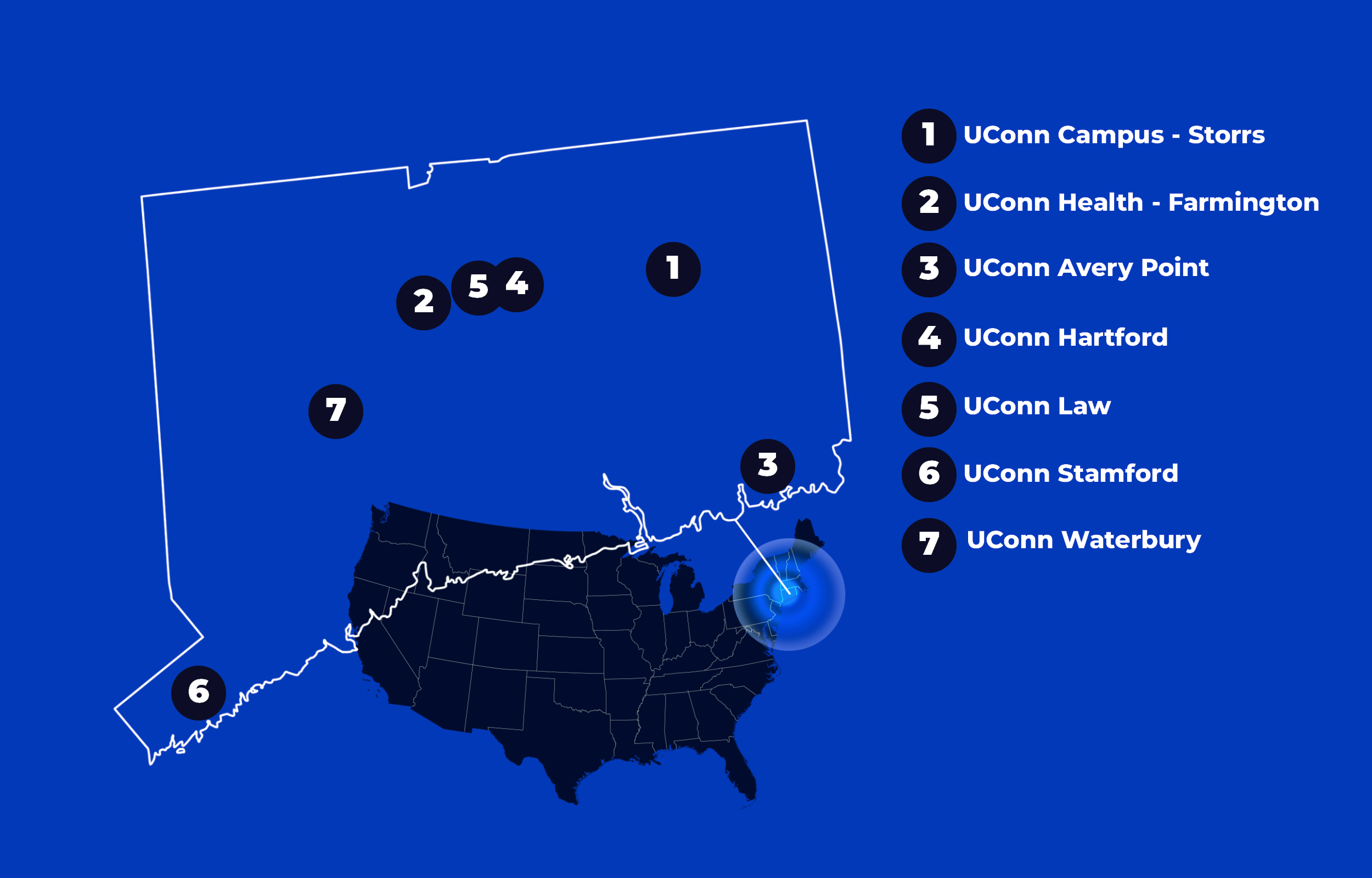 Map of Connecticut showing the locations of all seven UConn campuses across the state.
